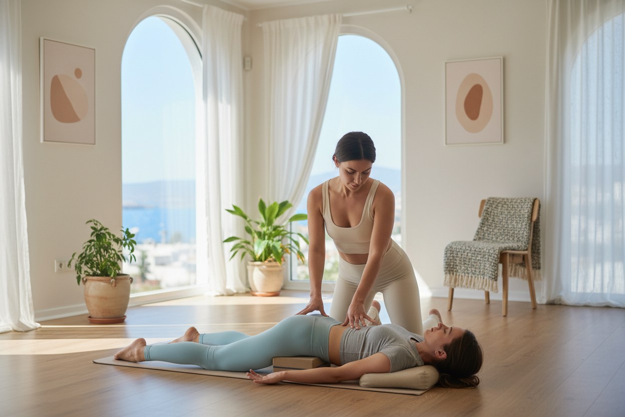 Elif Sönmez yoga stüdyosunda bireysel seans sırasında